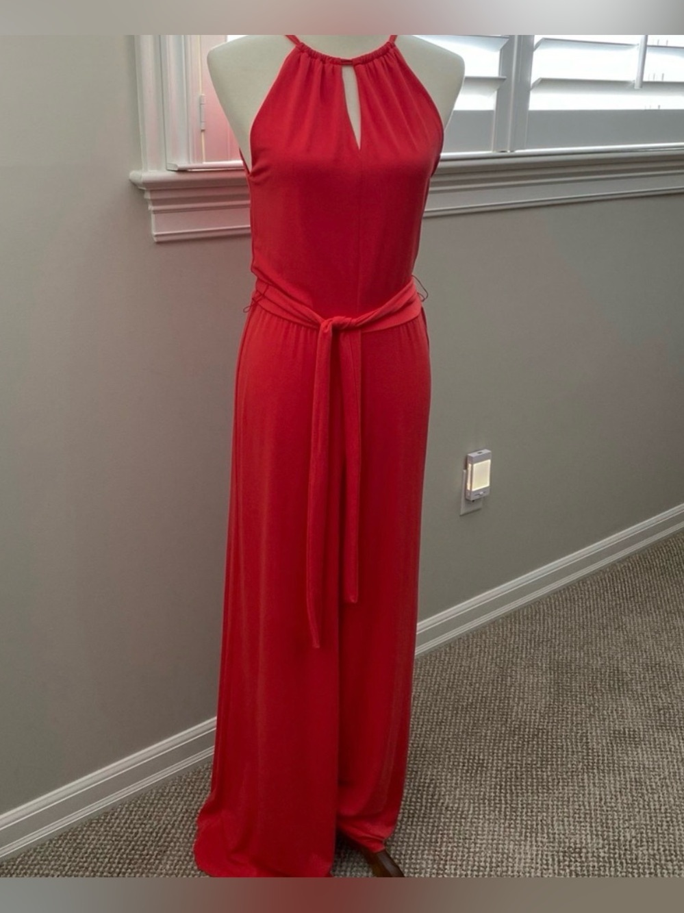 RALPH LAUREN CORAL Red Cross Halter Maxi Palazzo Pants with Waist Tie! Size XL